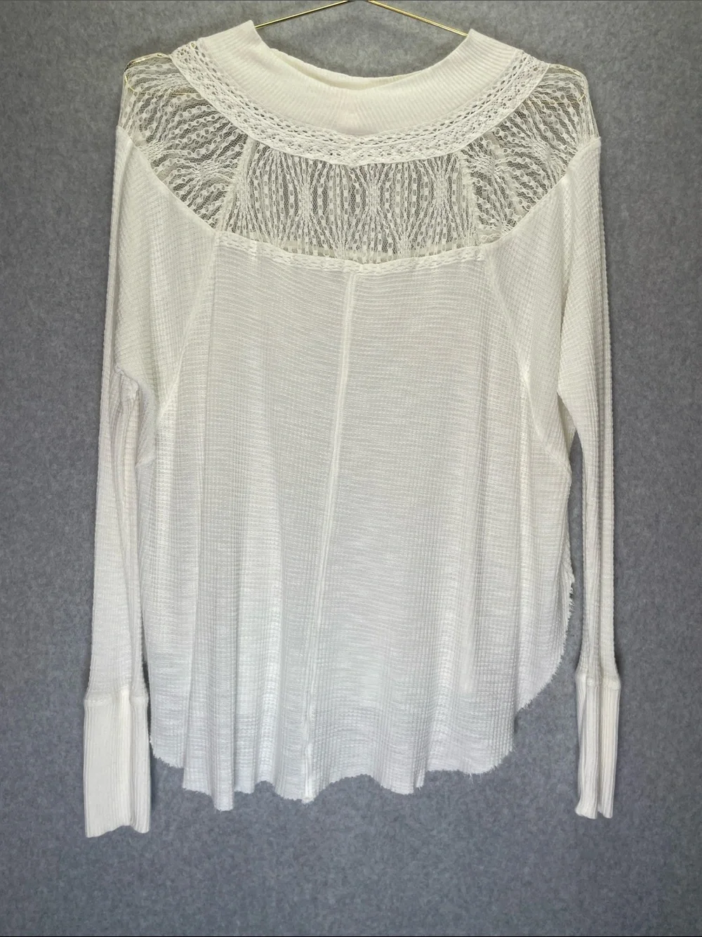 Free People Spring Valley Waffle Knit Lace Neckline Long Sleeve Top